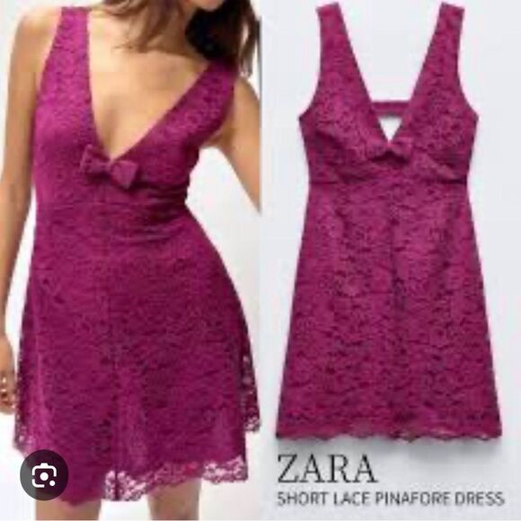 ZARA Fuchsia Short Lace Pinafore Dress NWT SIze M - Picture 1 of 5